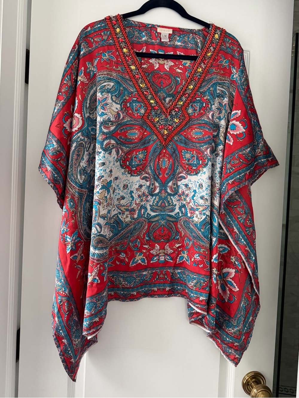 Chico’s Beaded Paisley Caftan Poncho Top Coral Blue Satin Feel L/XL - Picture 3 of 8